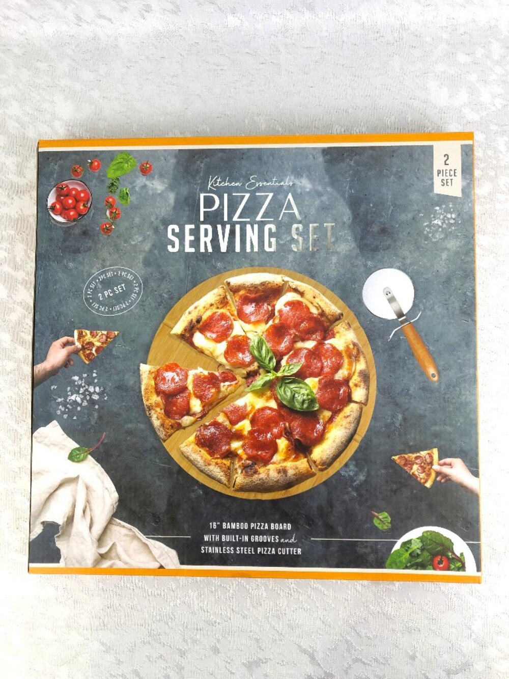 Kitchen Essentials Pizza Serving Set 16” Bamboo Board+Stainless-Steel Cutter NIB
